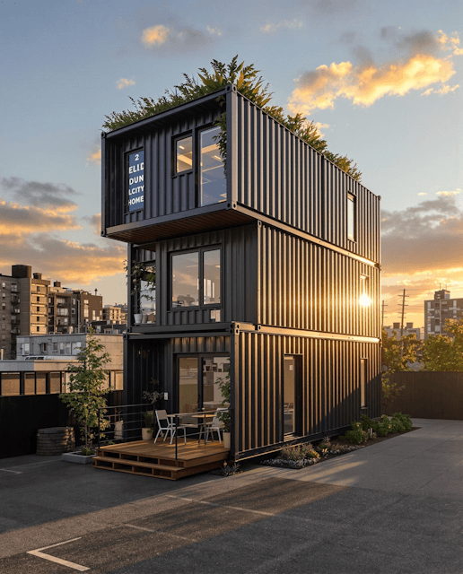 Stacked black container home in an urban lot at golden hour
