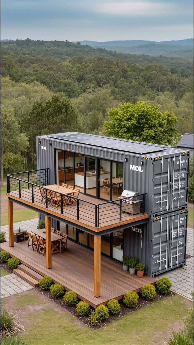 Two-storey container home with solar panels in a forest clearing