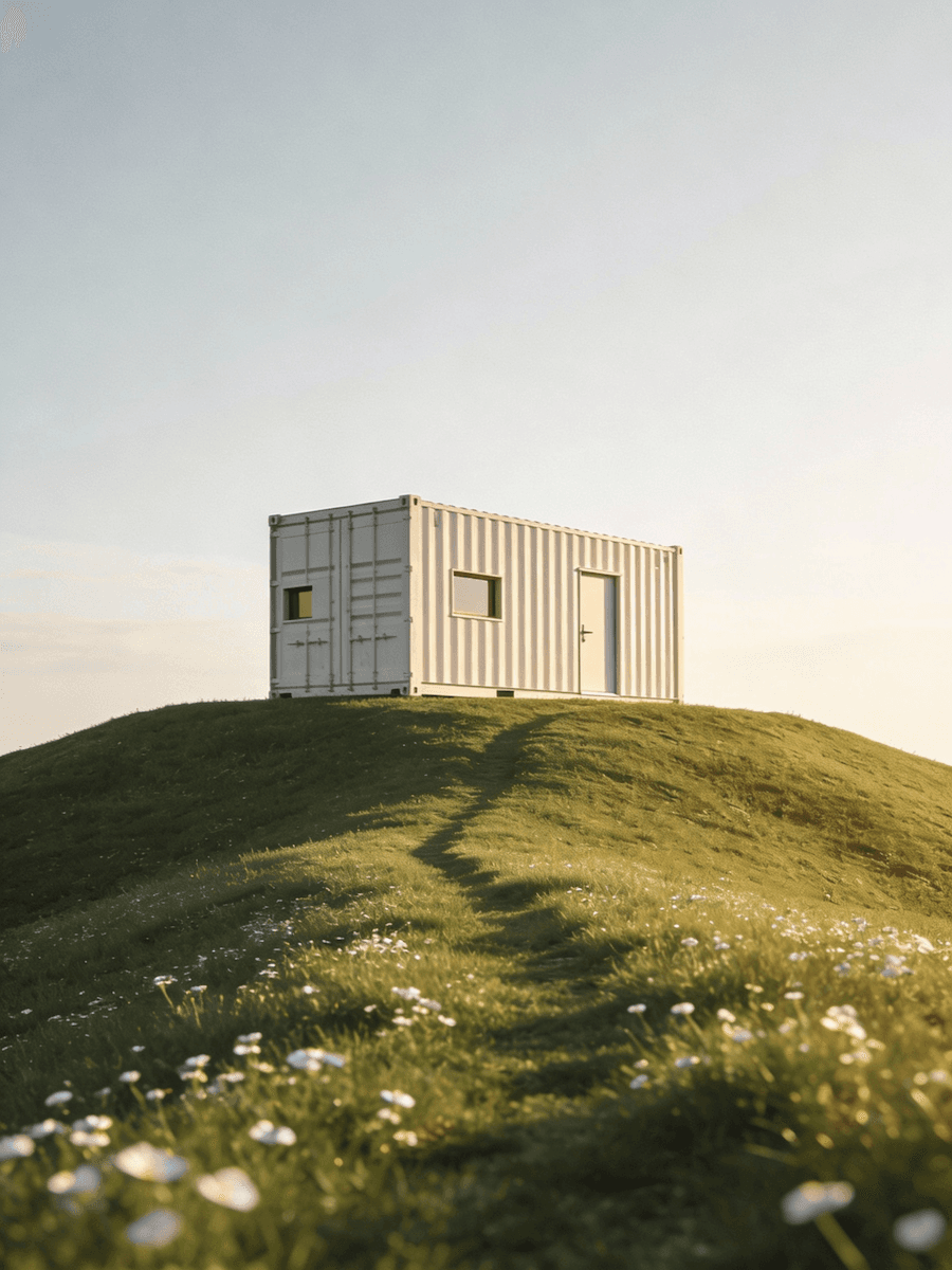White container cabin on a grassy hill with wildflowers
